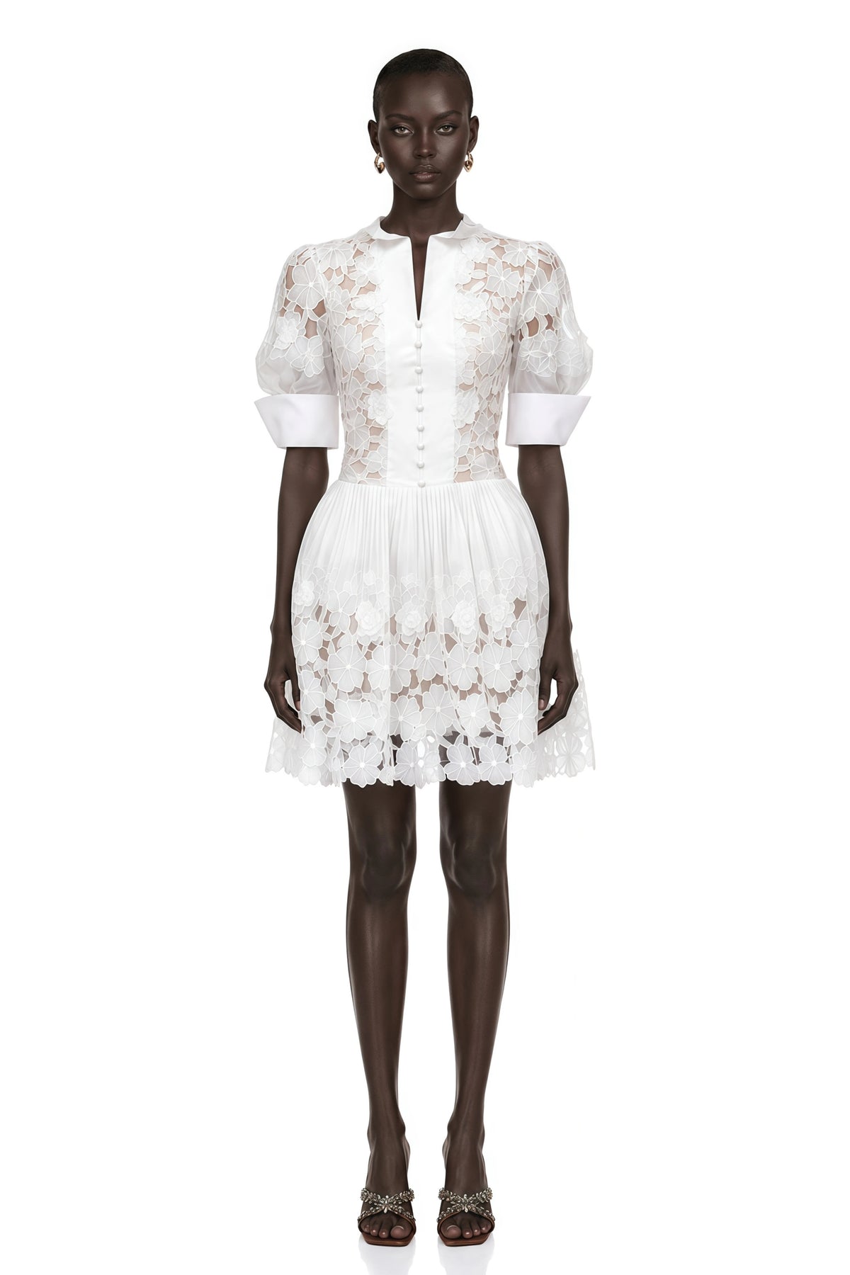 Mariolina Mini Dress White Floral Appliqué with Cut-Outs