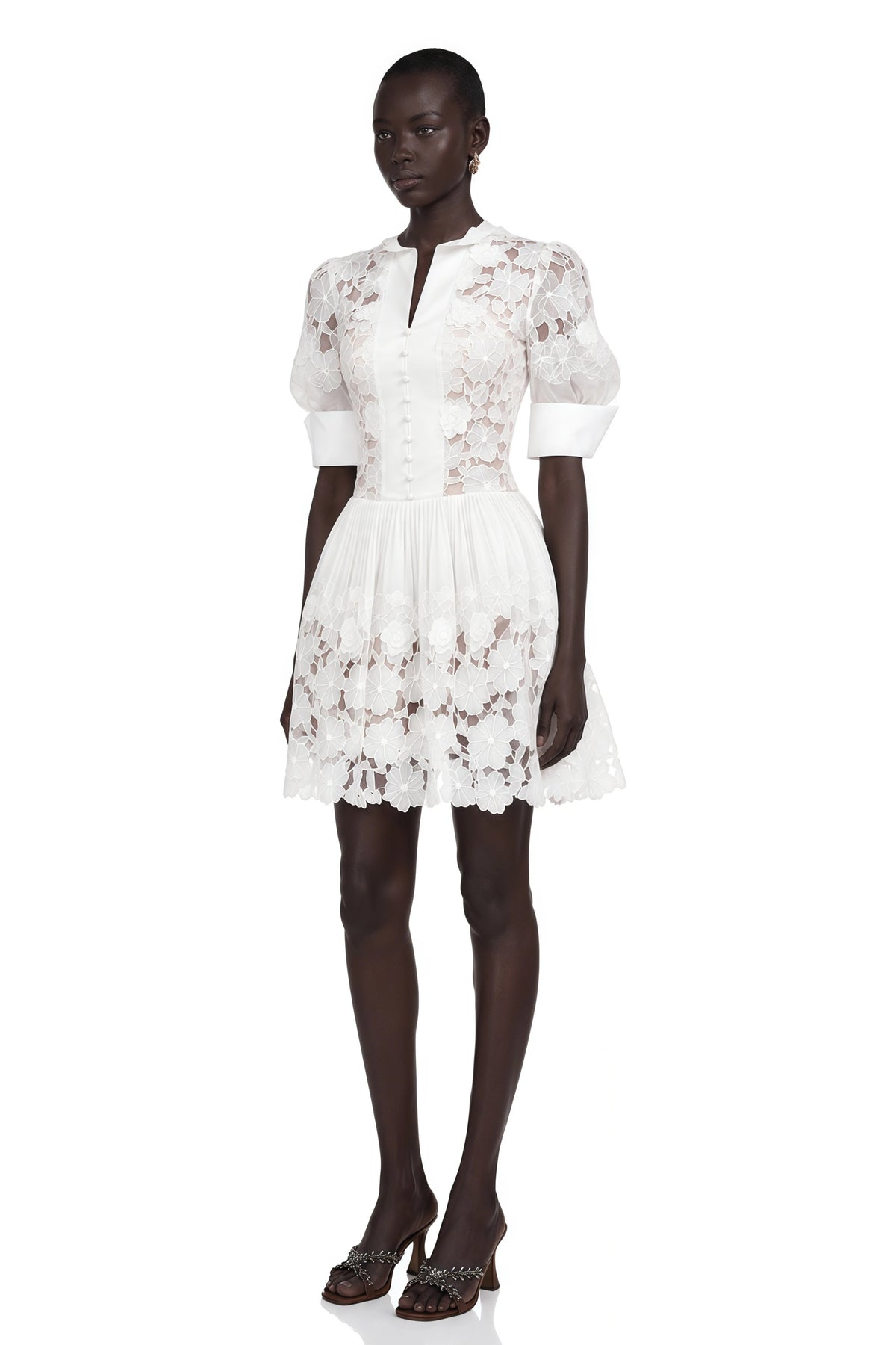 Mariolina Mini Dress White Floral Appliqué with Cut-Outs