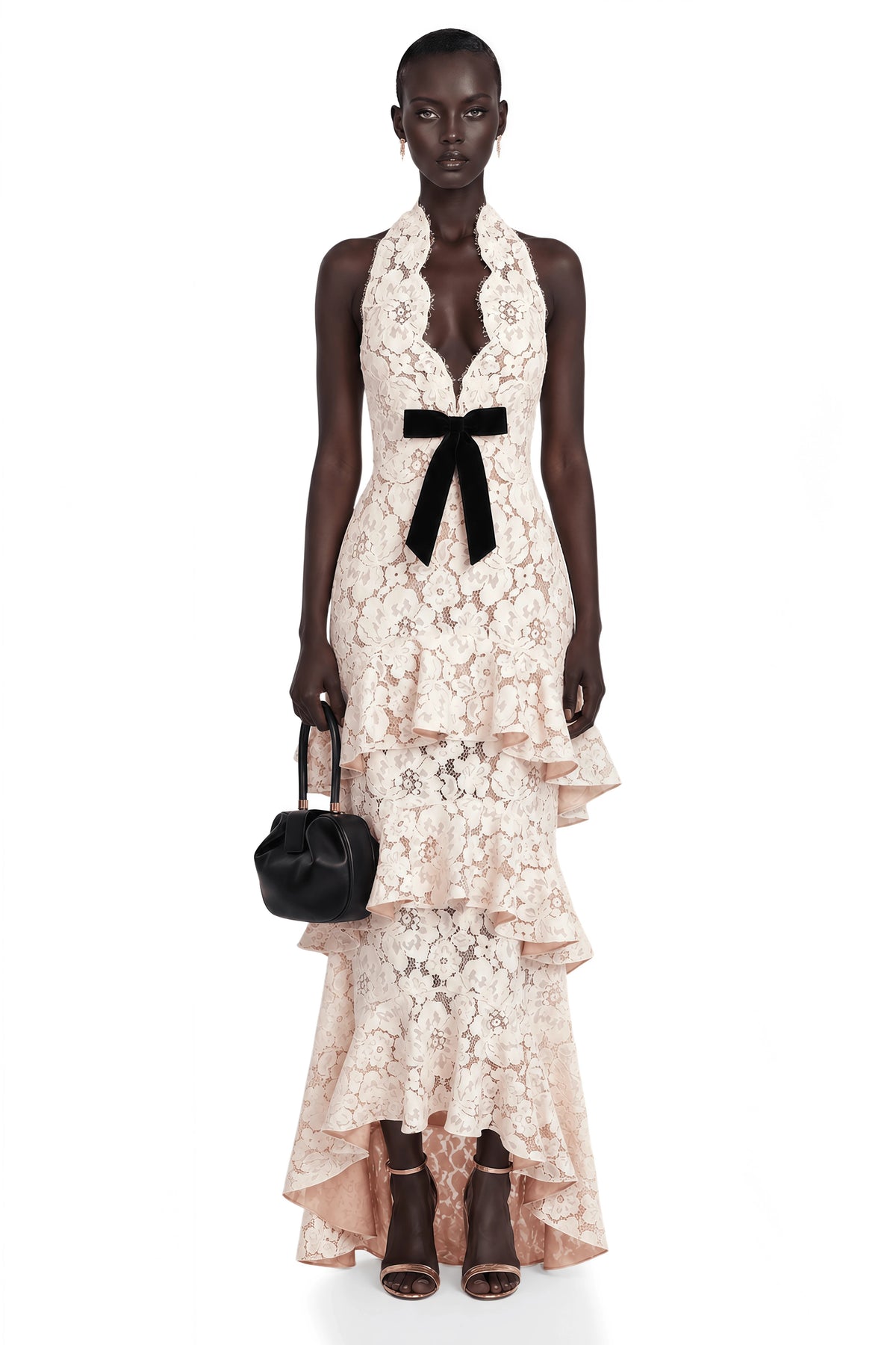 Mallory Maxi Dress Beige Halterneck Tiered Lace with Bow Detail
