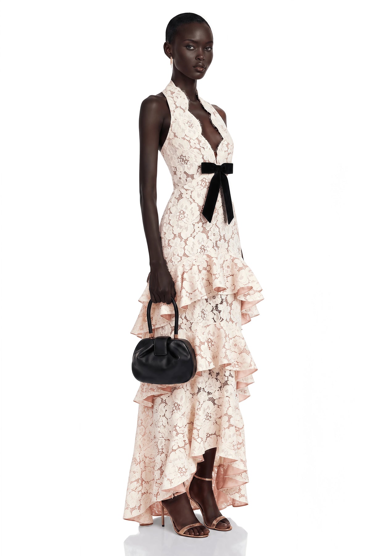 Mallory Maxi Dress Beige Halterneck Tiered Lace with Bow Detail