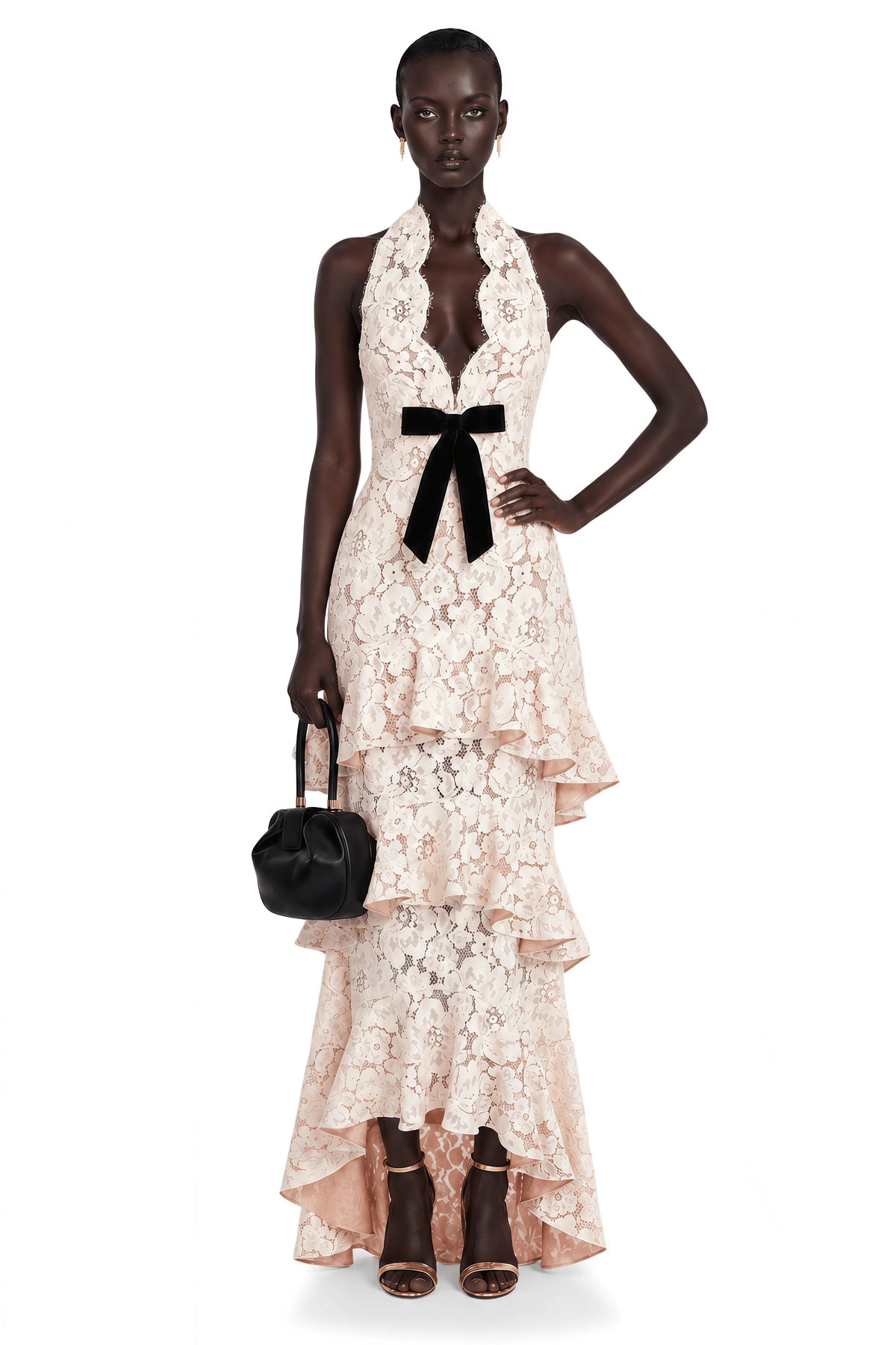Mallory Maxi Dress Beige Halterneck Tiered Lace with Bow Detail