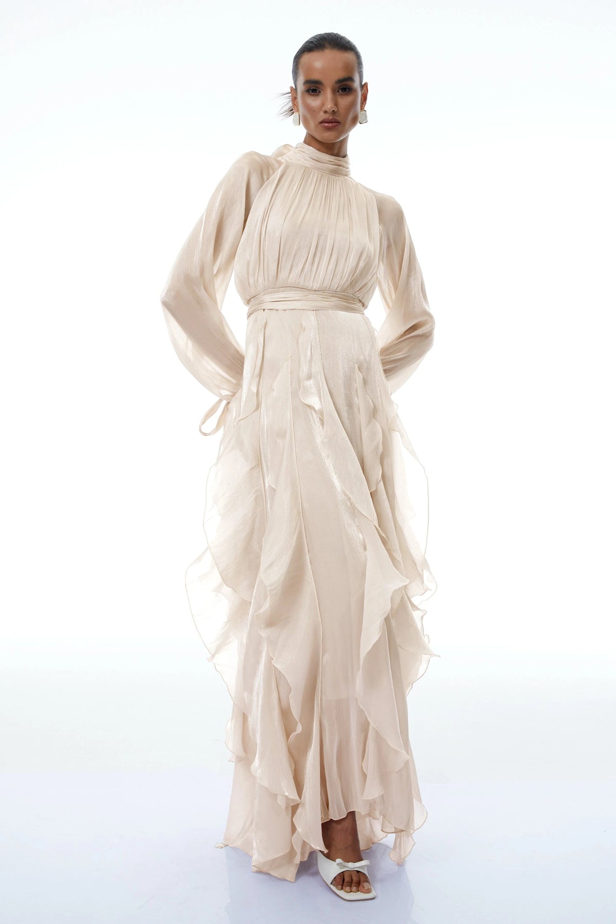 Rinata Maxi dress Neutral Glossy Pleated Ruffled