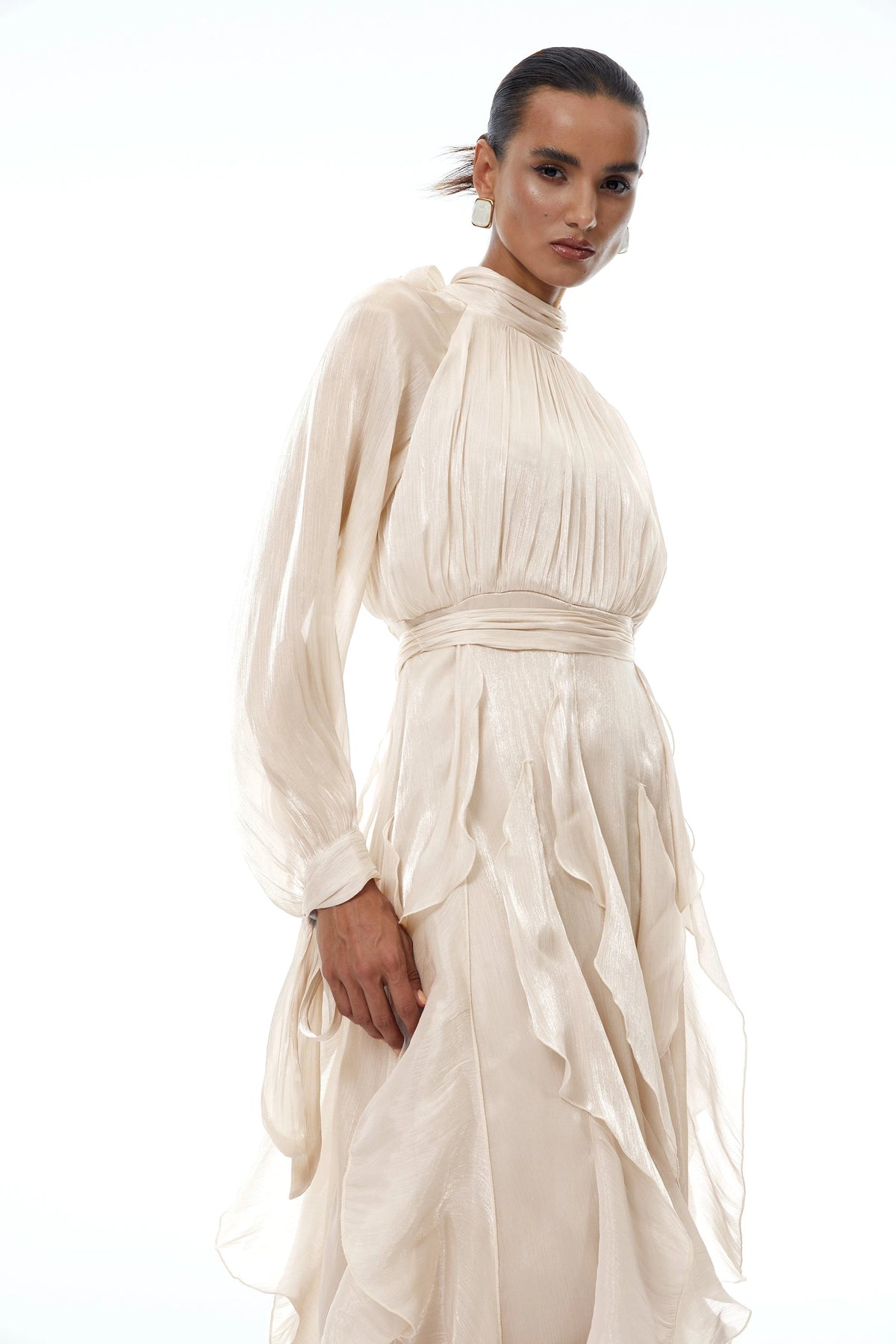 Rinata Maxi dress Neutral Glossy Pleated Ruffled