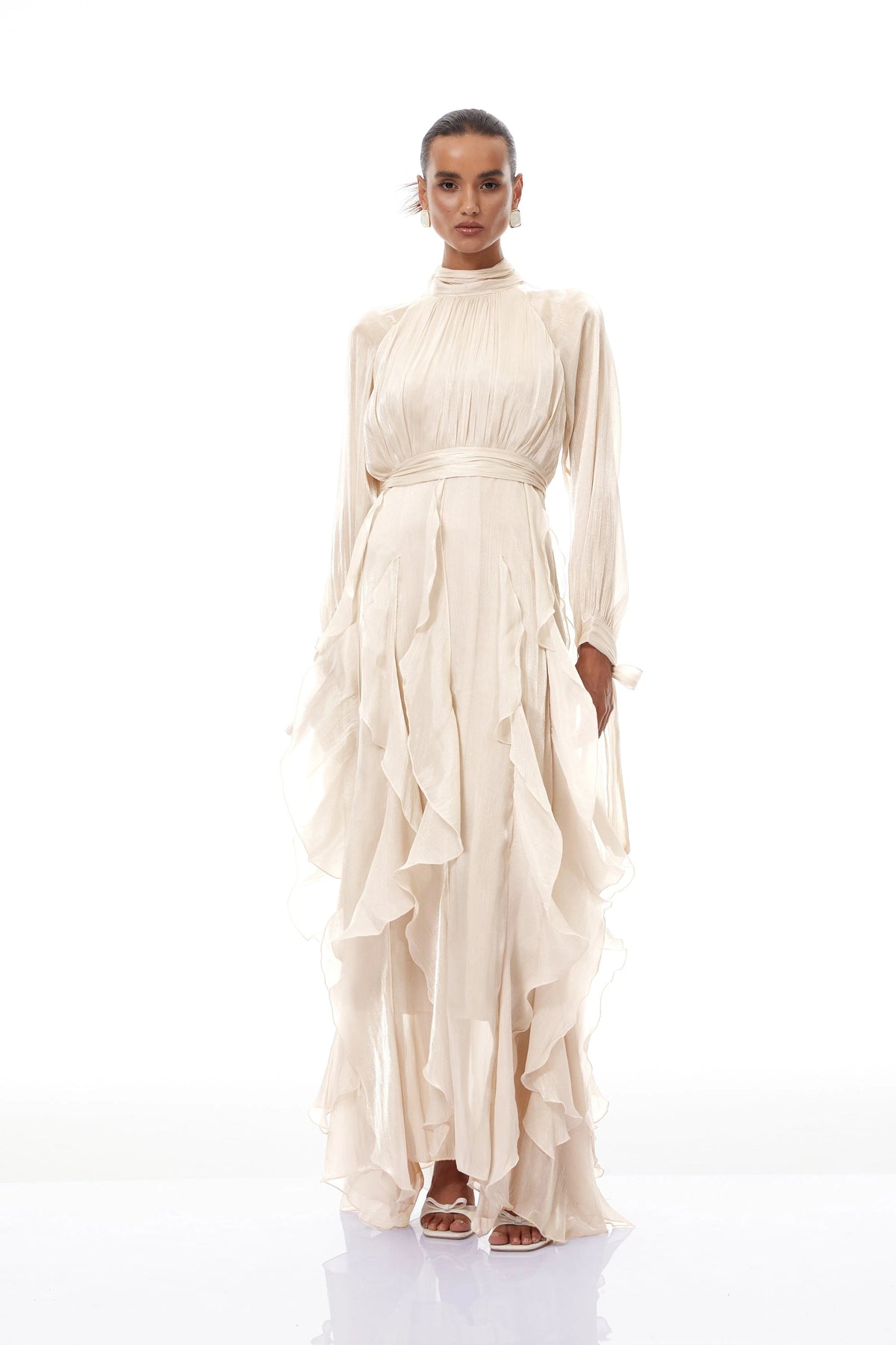 Rinata Maxi dress Neutral Glossy Pleated Ruffled