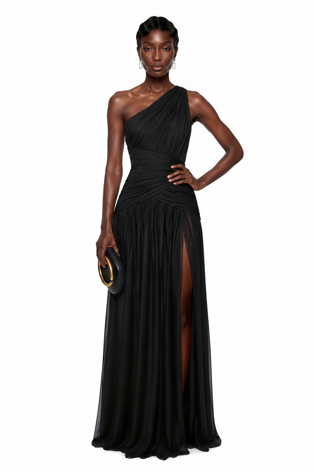 Veronica Maxi Dress Black One Shoulder Cross Front Ruched