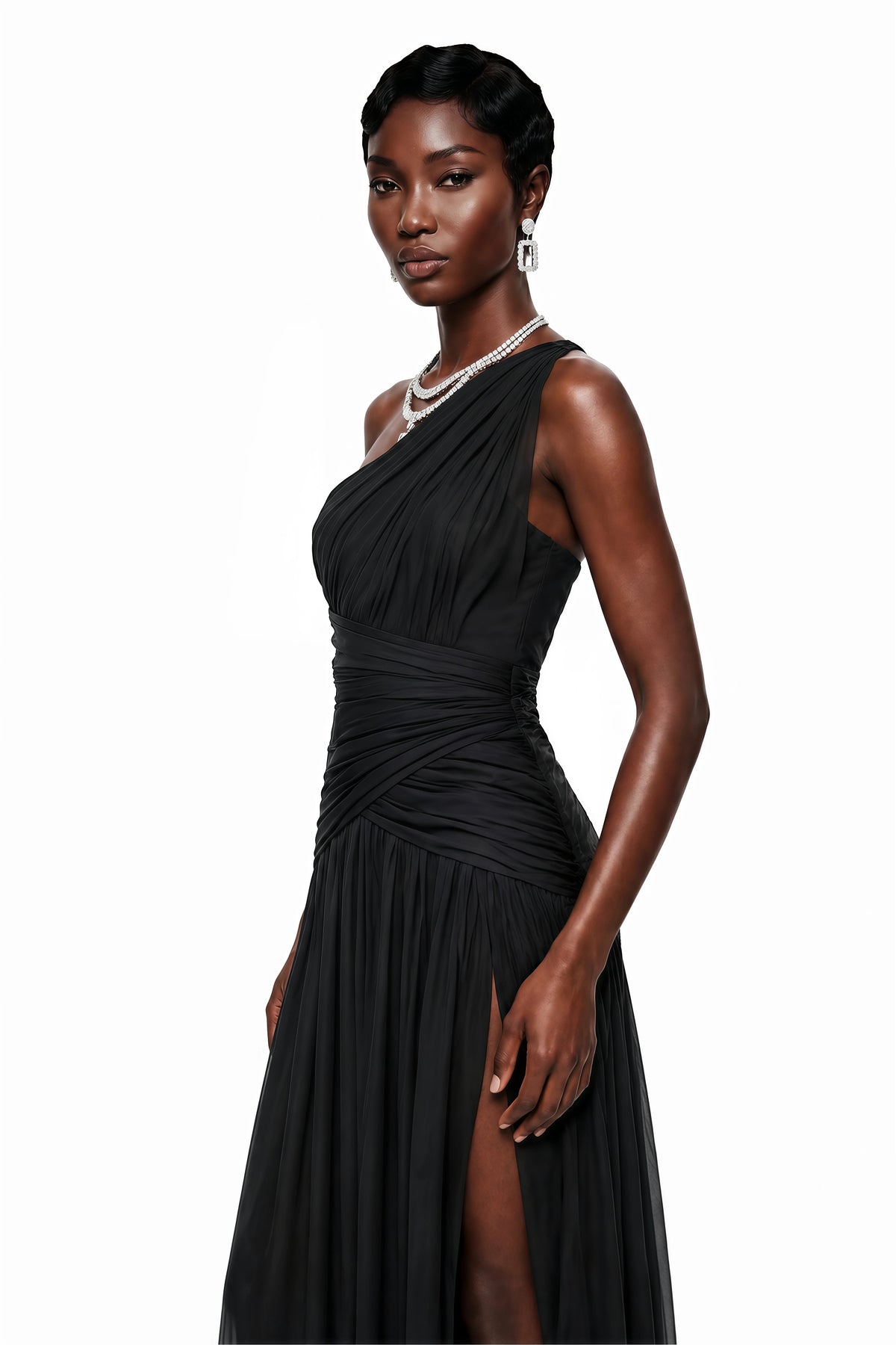 Veronica Maxi Dress Black One Shoulder Cross Front Ruched