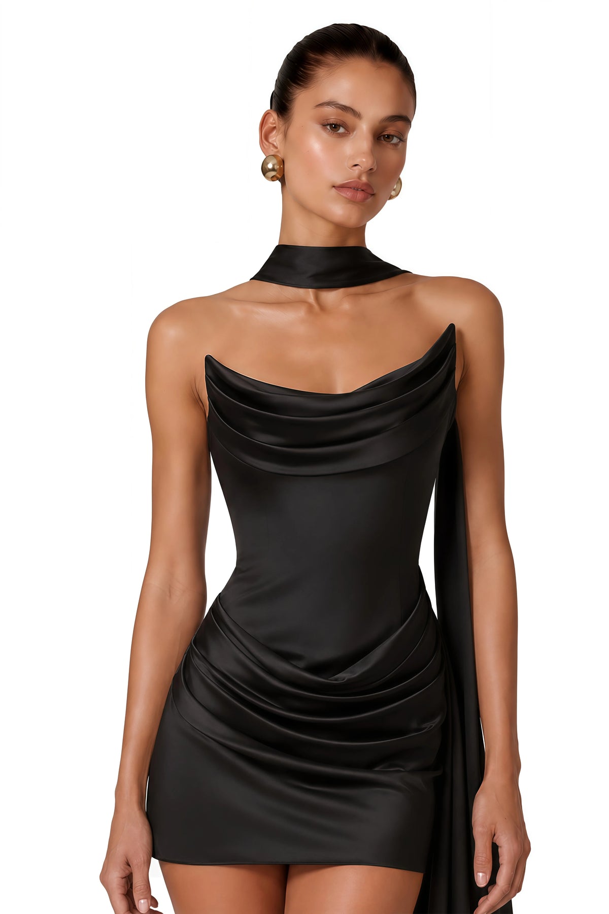 Daria Mini Dress Black Ruched Ribbon Detail