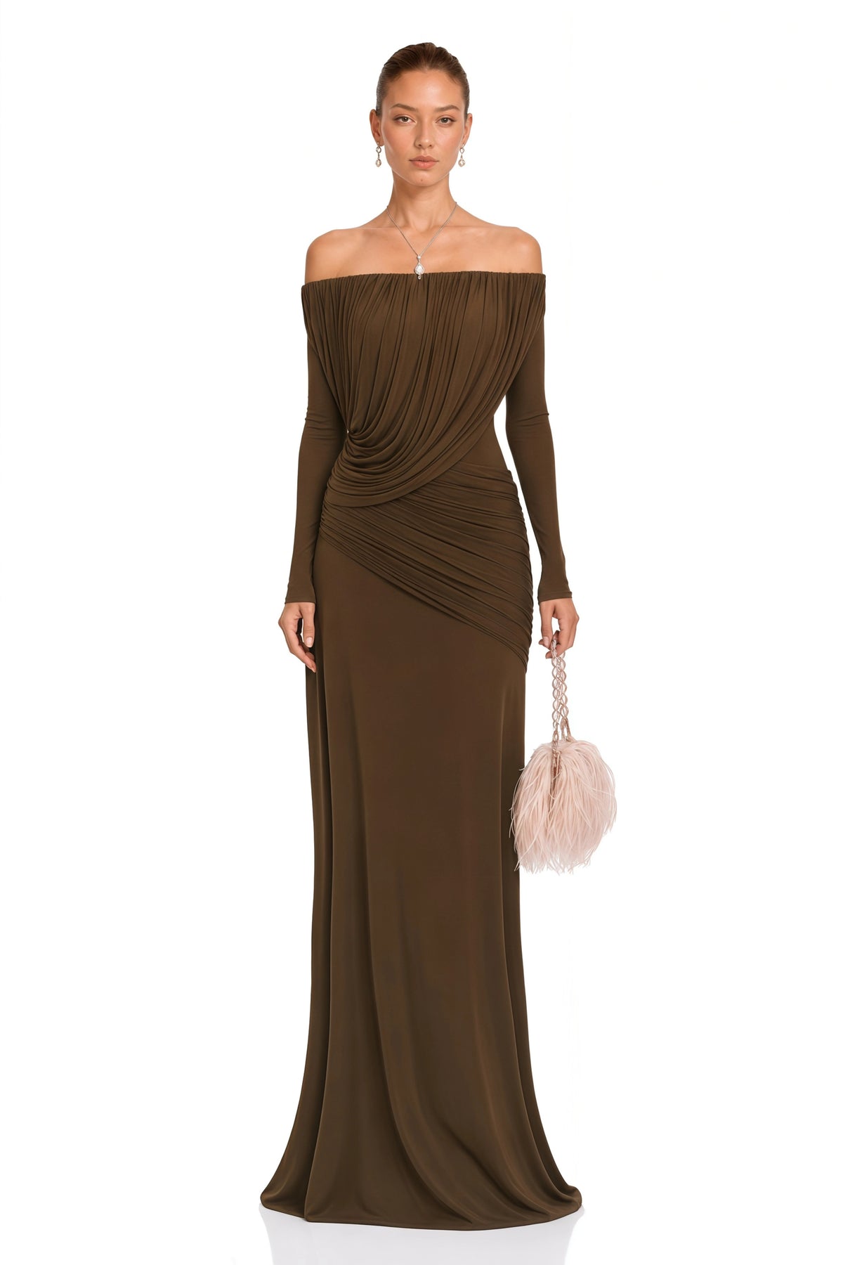 Veronika Maxi Dress Brown Asymmetrical Draped Mesh