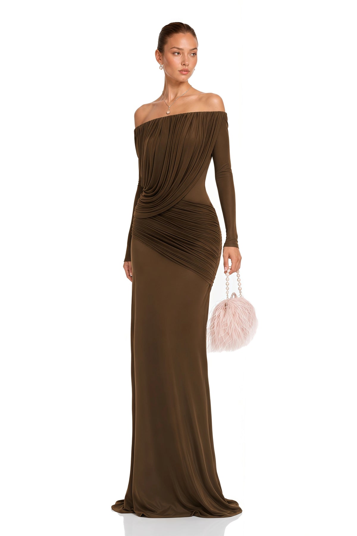 Veronika Maxi Dress Brown Asymmetrical Draped Mesh