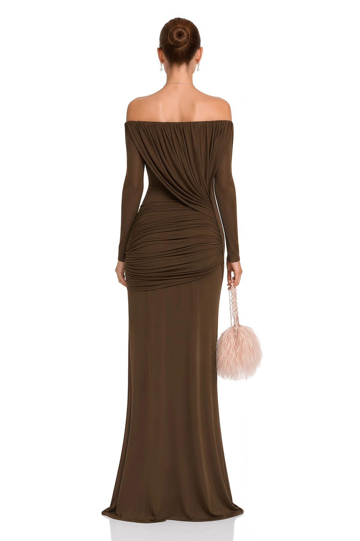Veronika Maxi Dress Brown Asymmetrical Draped Mesh
