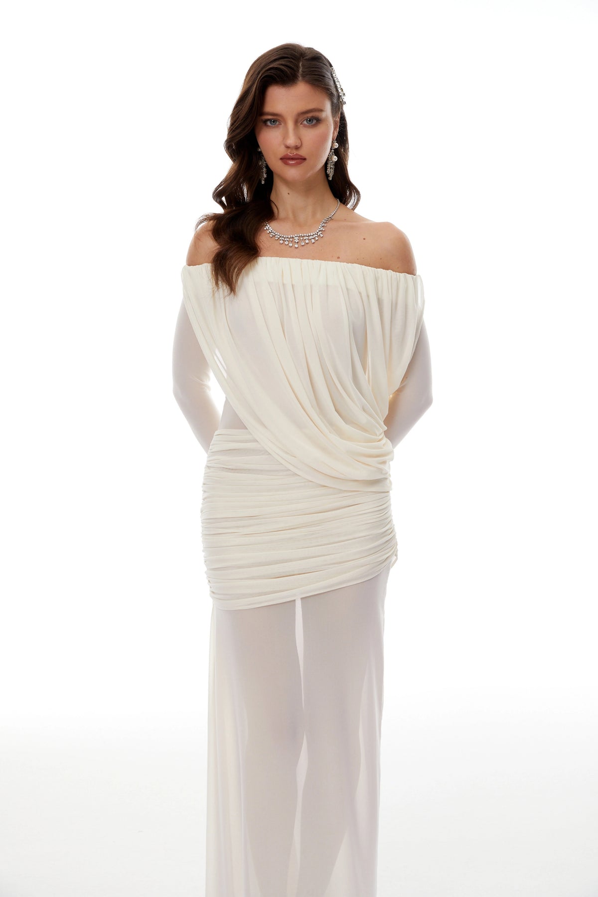 Carmina Maxi Dress White Asymmetrical Draped Mesh