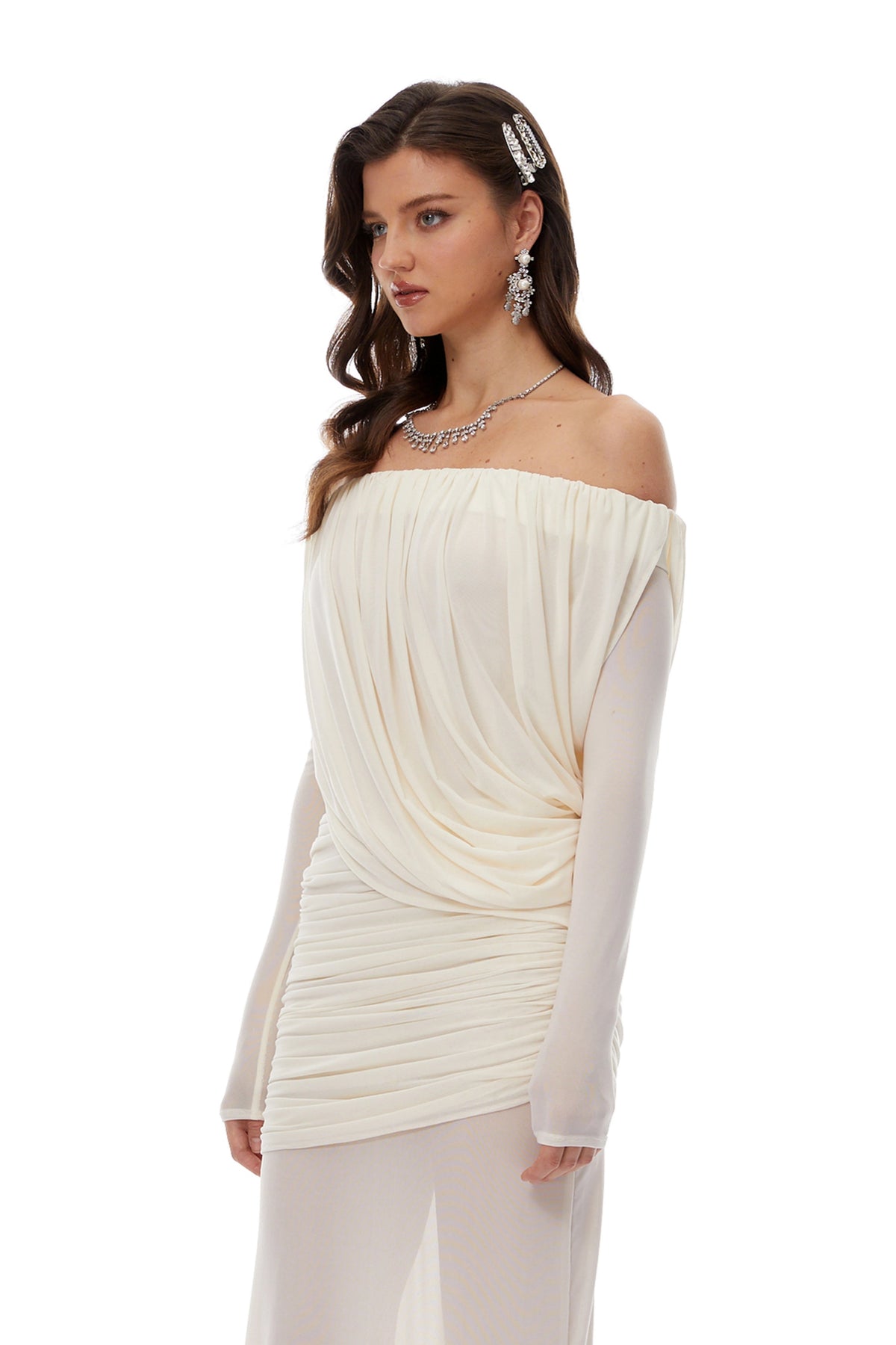 Carmina Maxi Dress White Asymmetrical Draped Mesh
