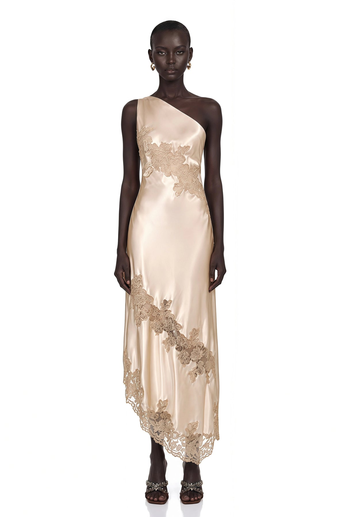 Lauretta Maxi Dress Champagne Satin with Lace Panels