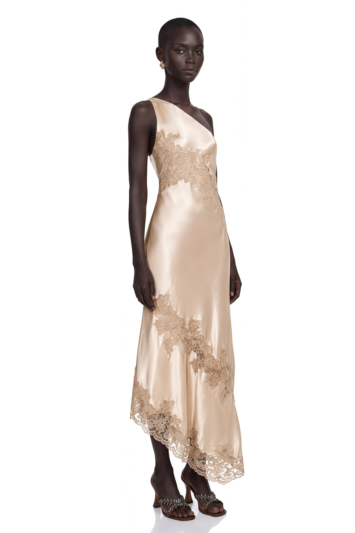 Lauretta Maxi Dress Champagne Satin with Lace Panels