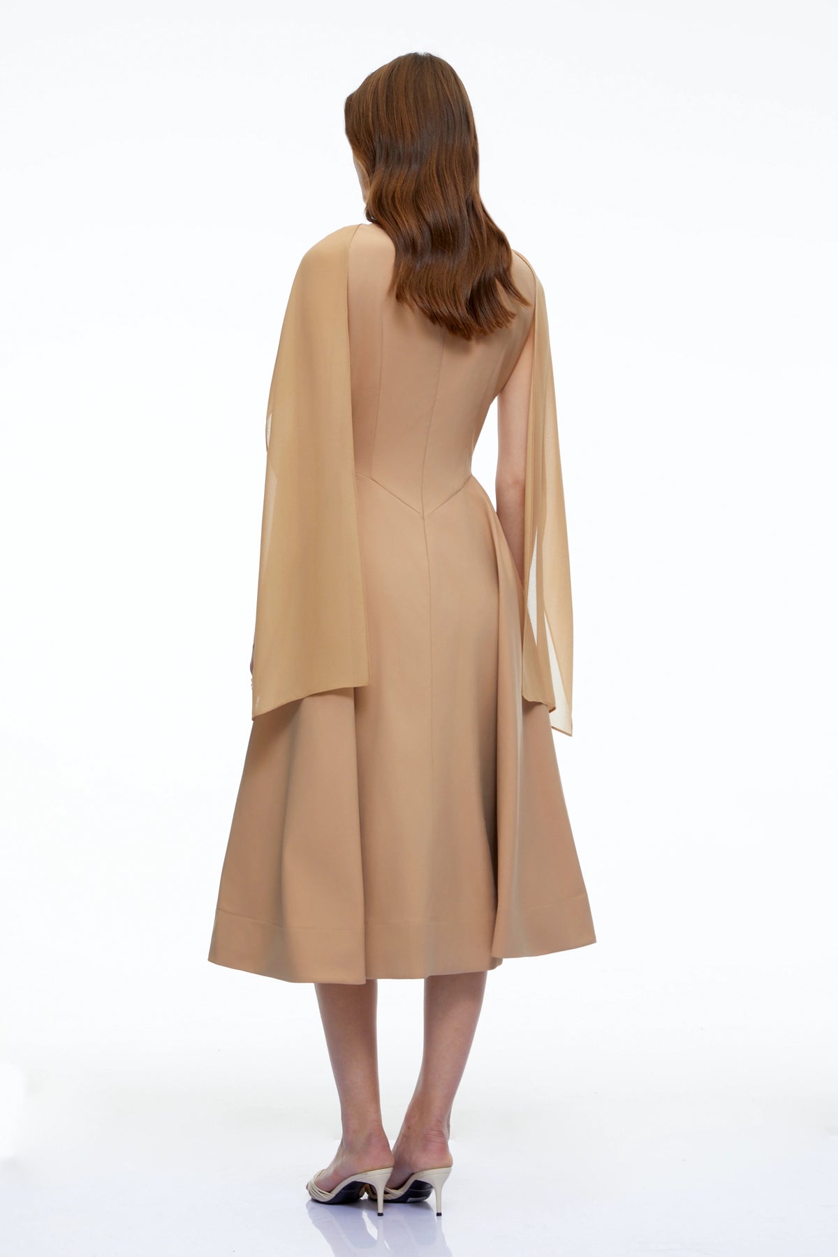 Rebecca Midi Dress Neutral Pleated with Cape