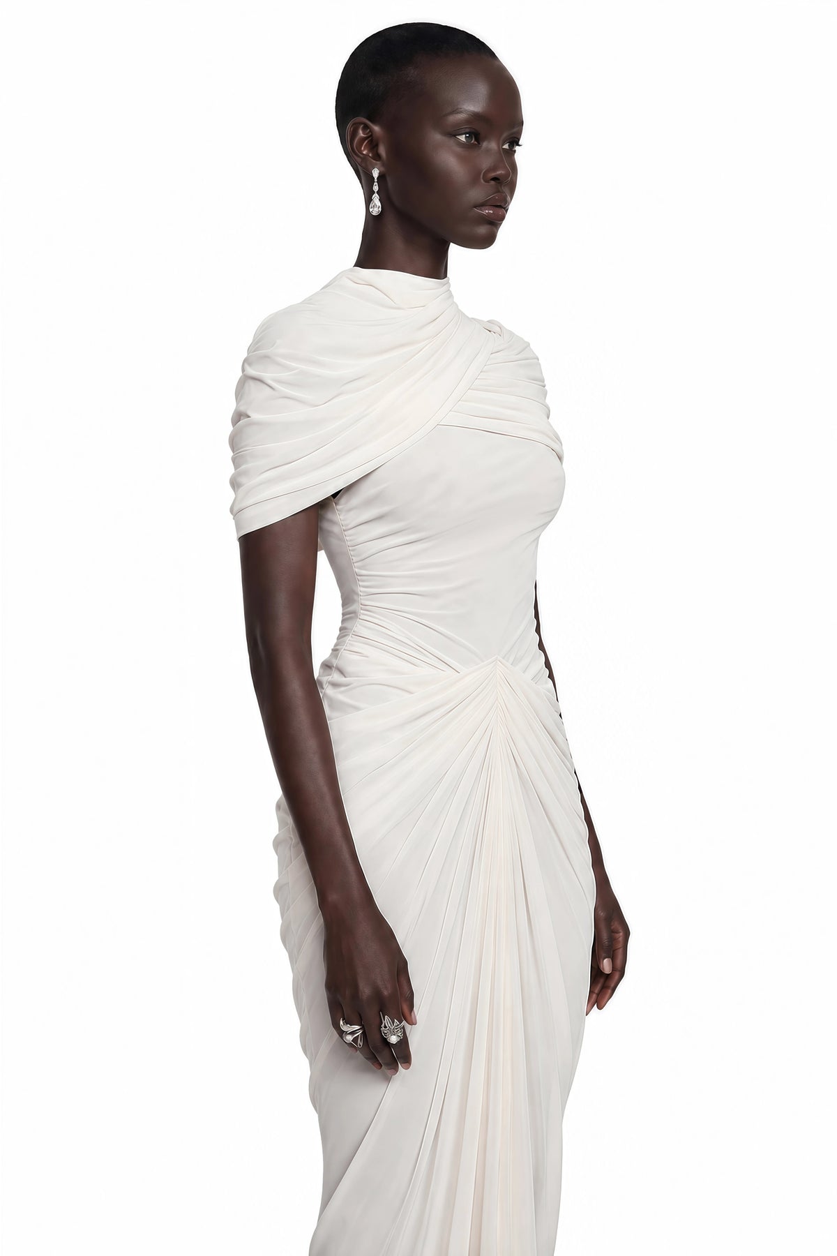 Gelsomina Maxi Dress White Ruched with Cape Sleeves