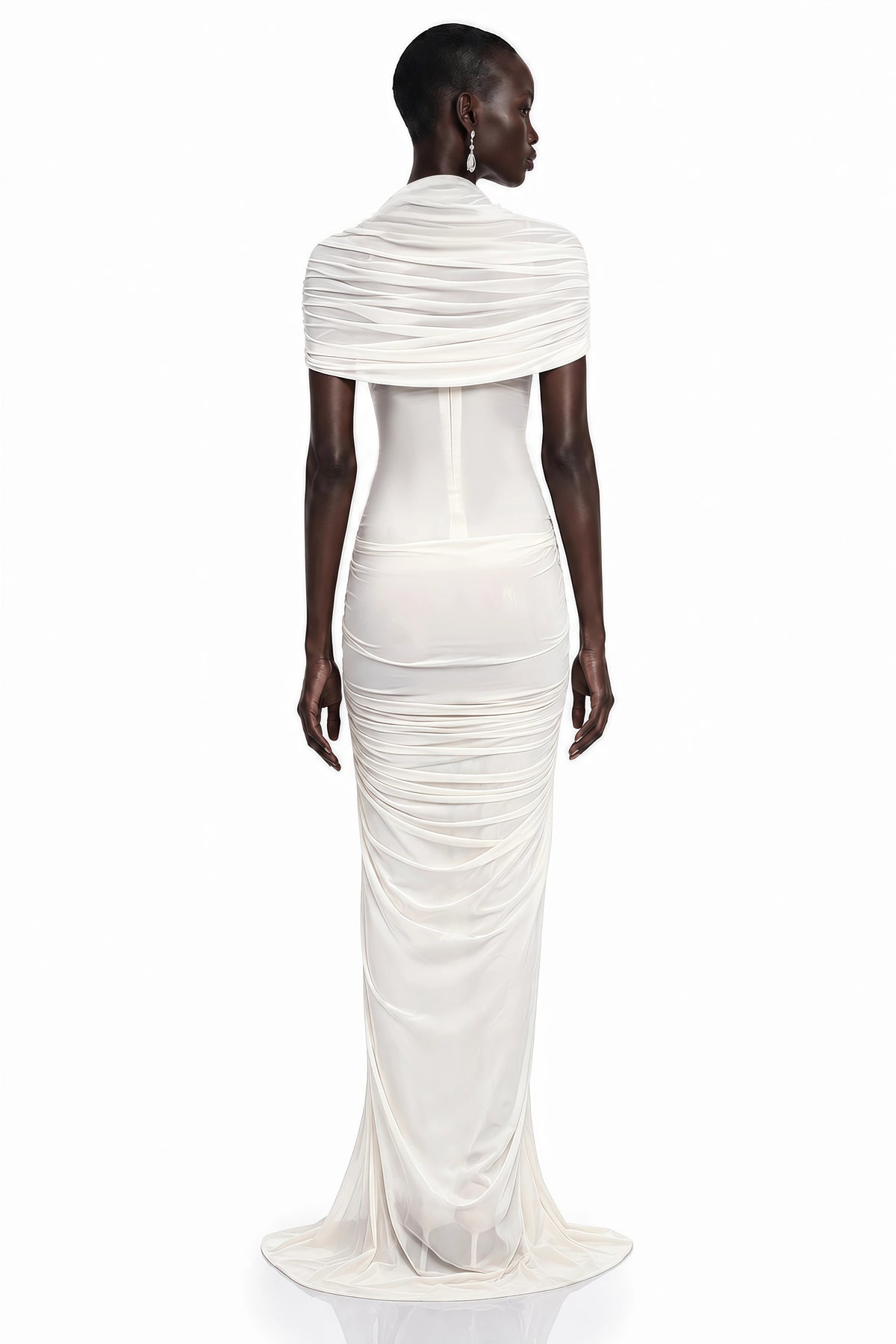 Gelsomina Maxi Dress White Ruched with Cape Sleeves