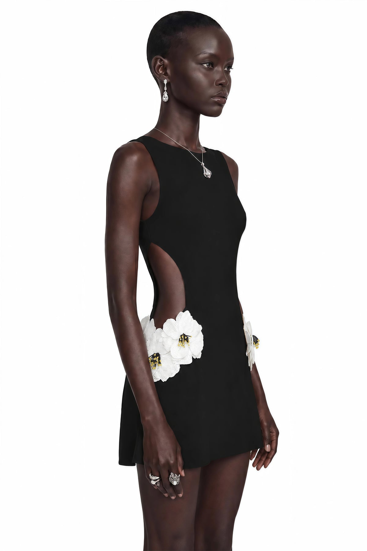 Mariuccia Mini Dress Black Embellished Floral Cut-Out