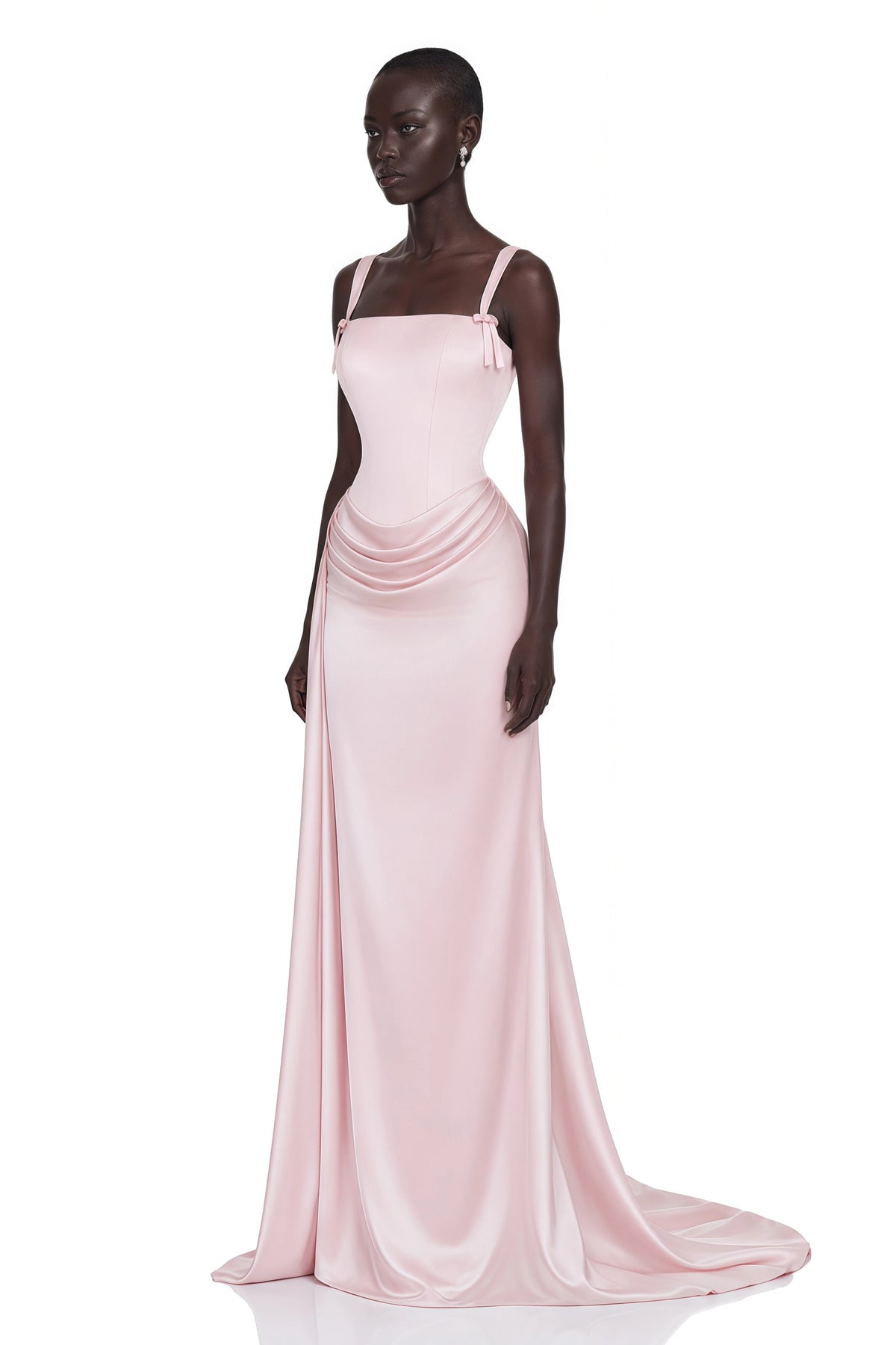 Sara Maxi Dress Pink Ruched with Bow Straps