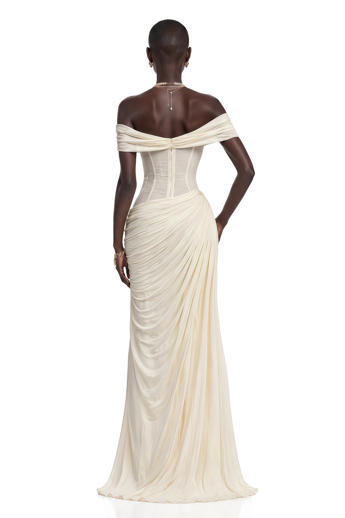 Giovannella Maxi Dress White Off Shoulder Ruched Corset