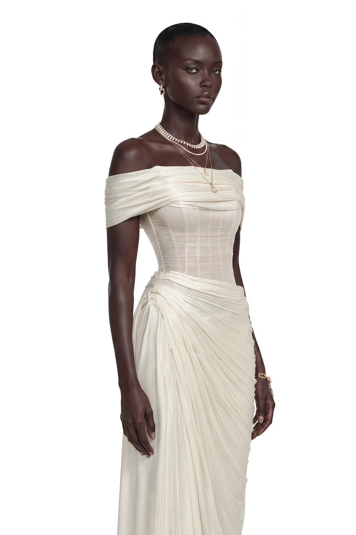 Giovannella Maxi Dress White Off Shoulder Ruched Corset
