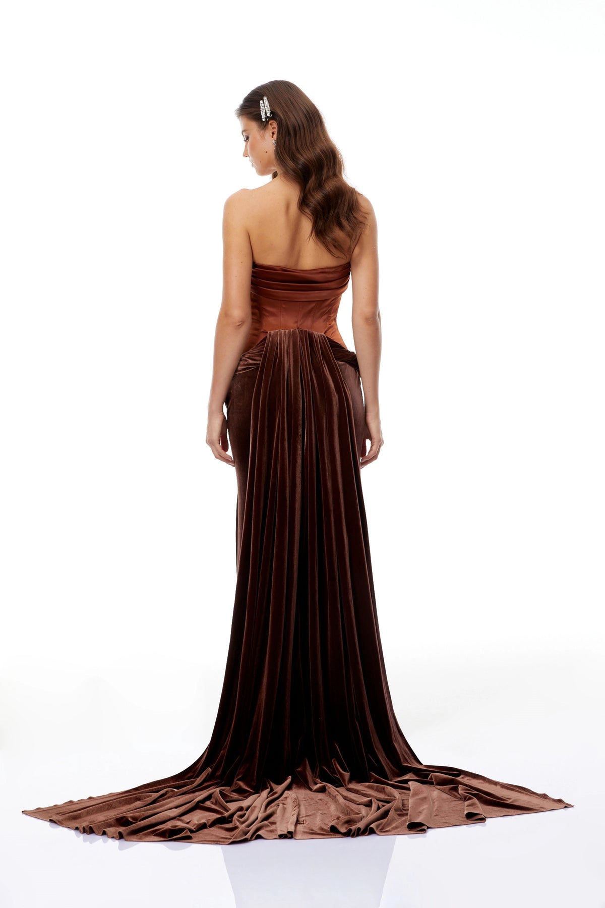 Amabile Brown Strapless Velvet Corset Maxi Gown