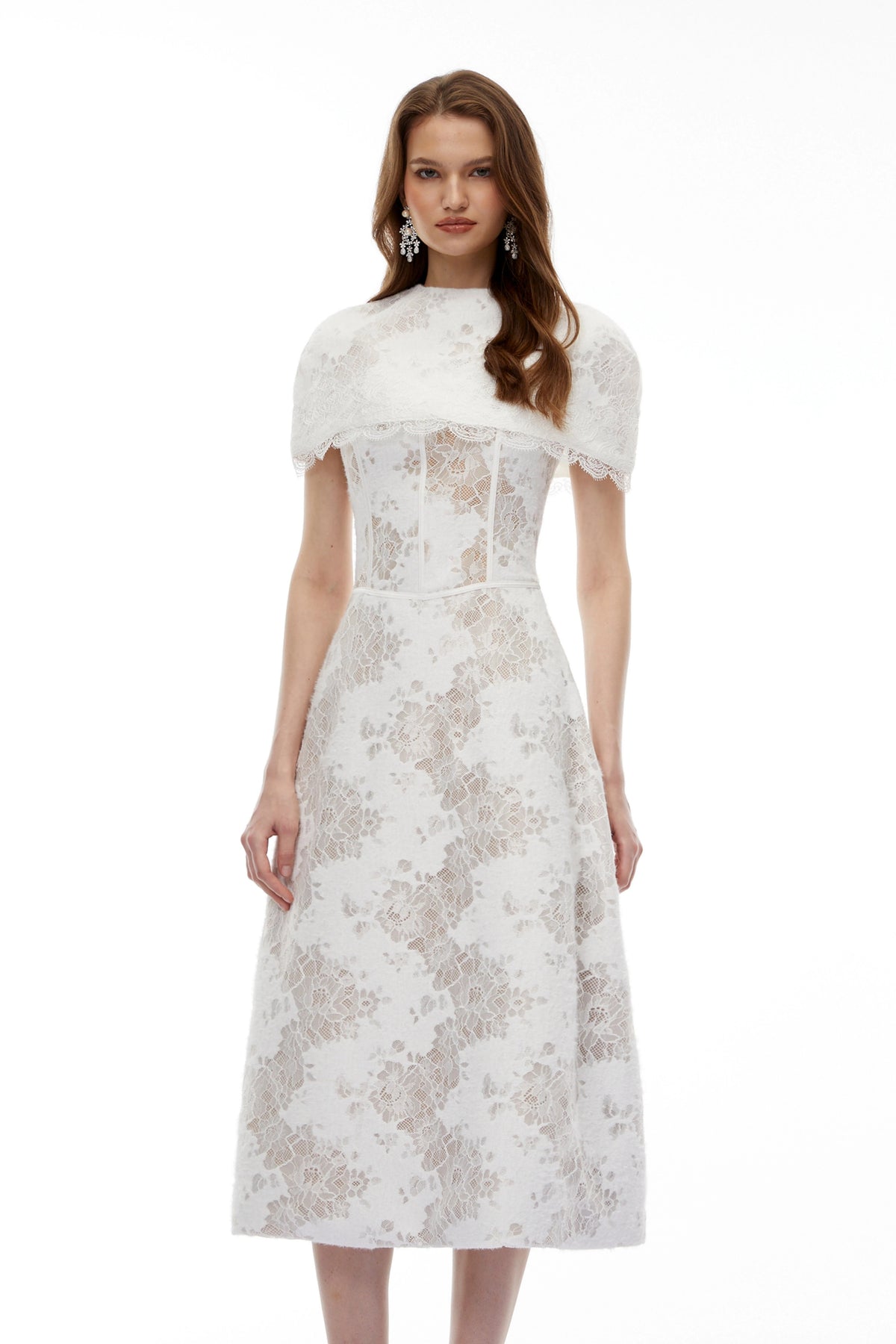 Brynn Midi Dress White Floral Lace with Cape