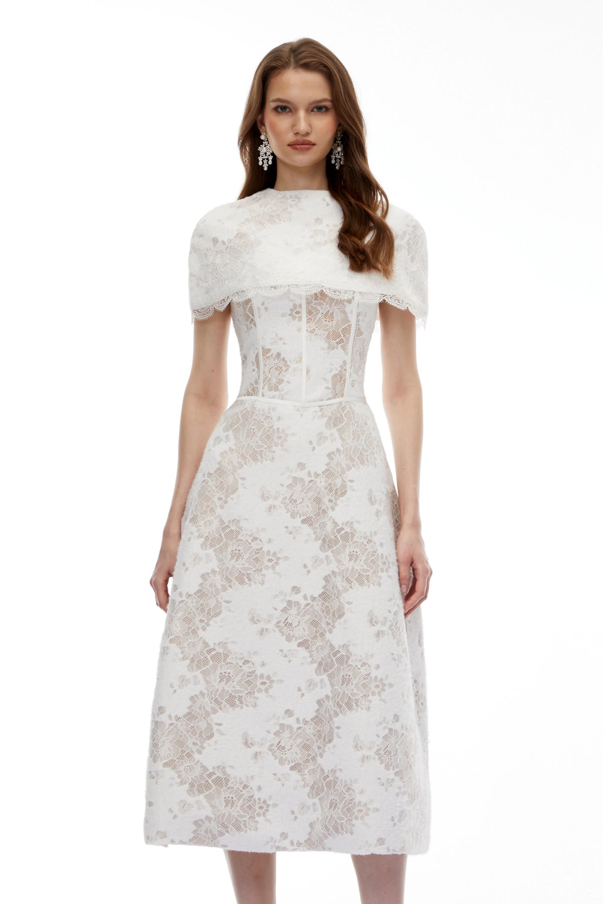 Brynn Midi Dress White Floral Lace with Cape