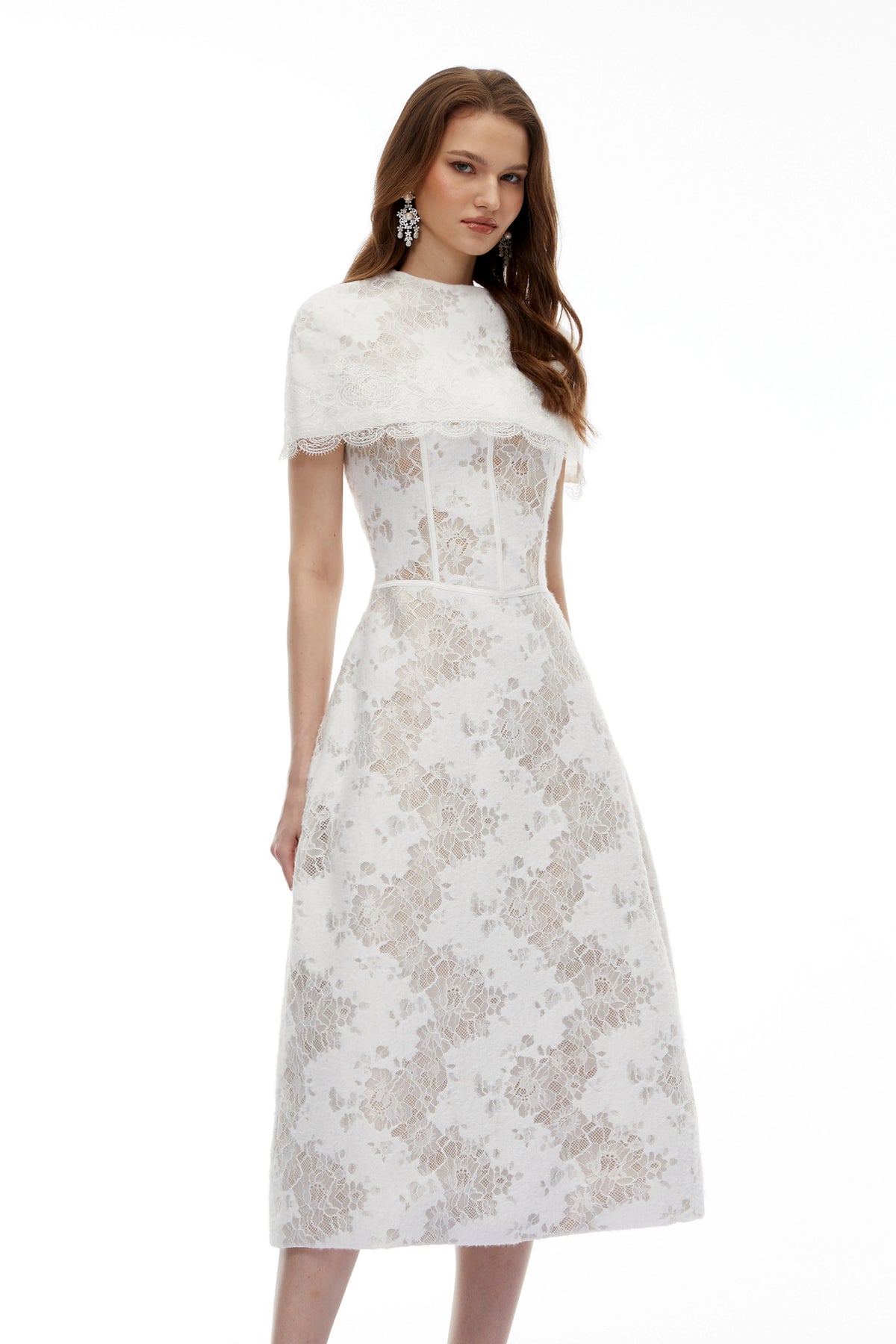 Brynn Midi Dress White Floral Lace with Cape