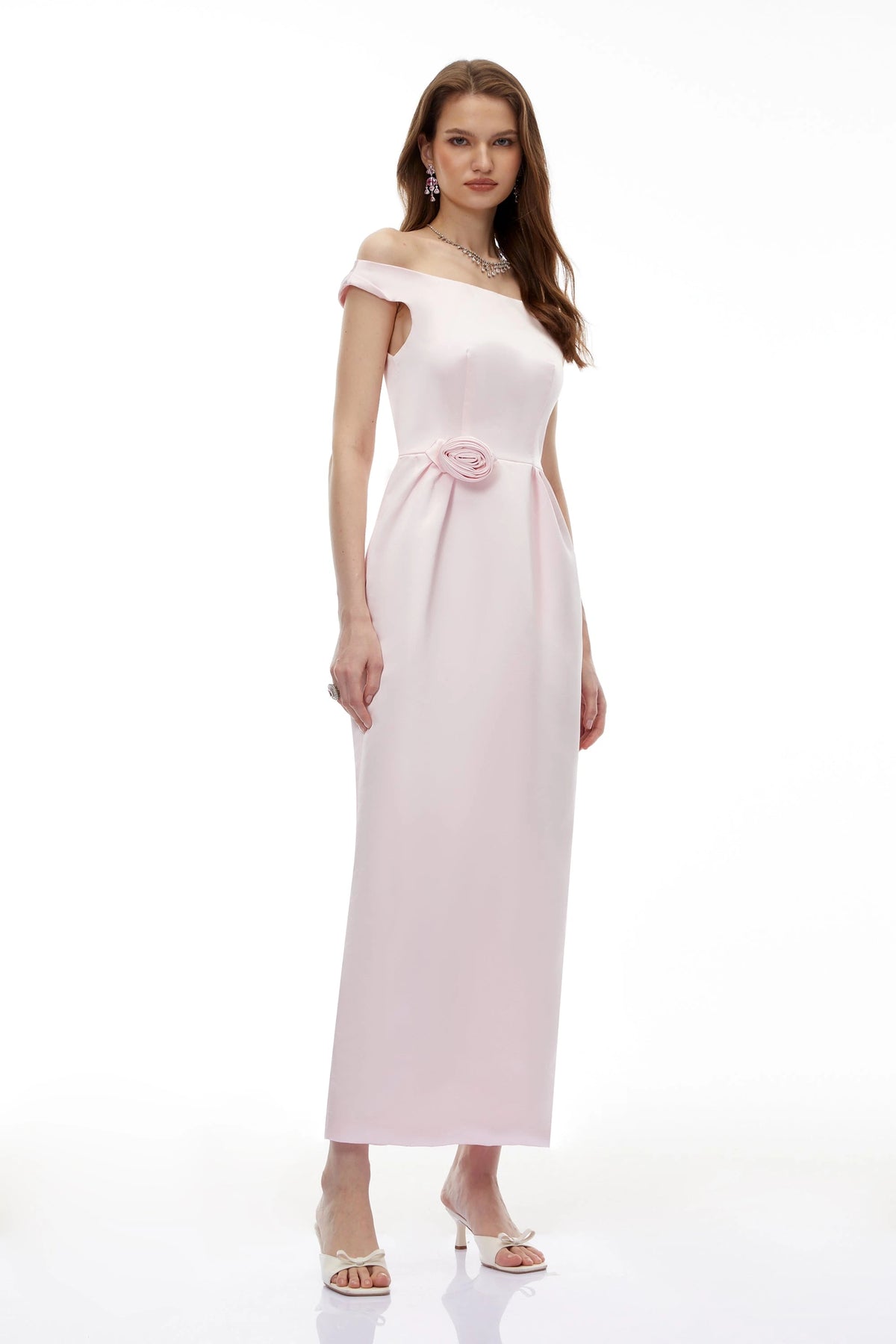 Mckenna Maxi Dress Pink Off Shoulder with 3D Petals