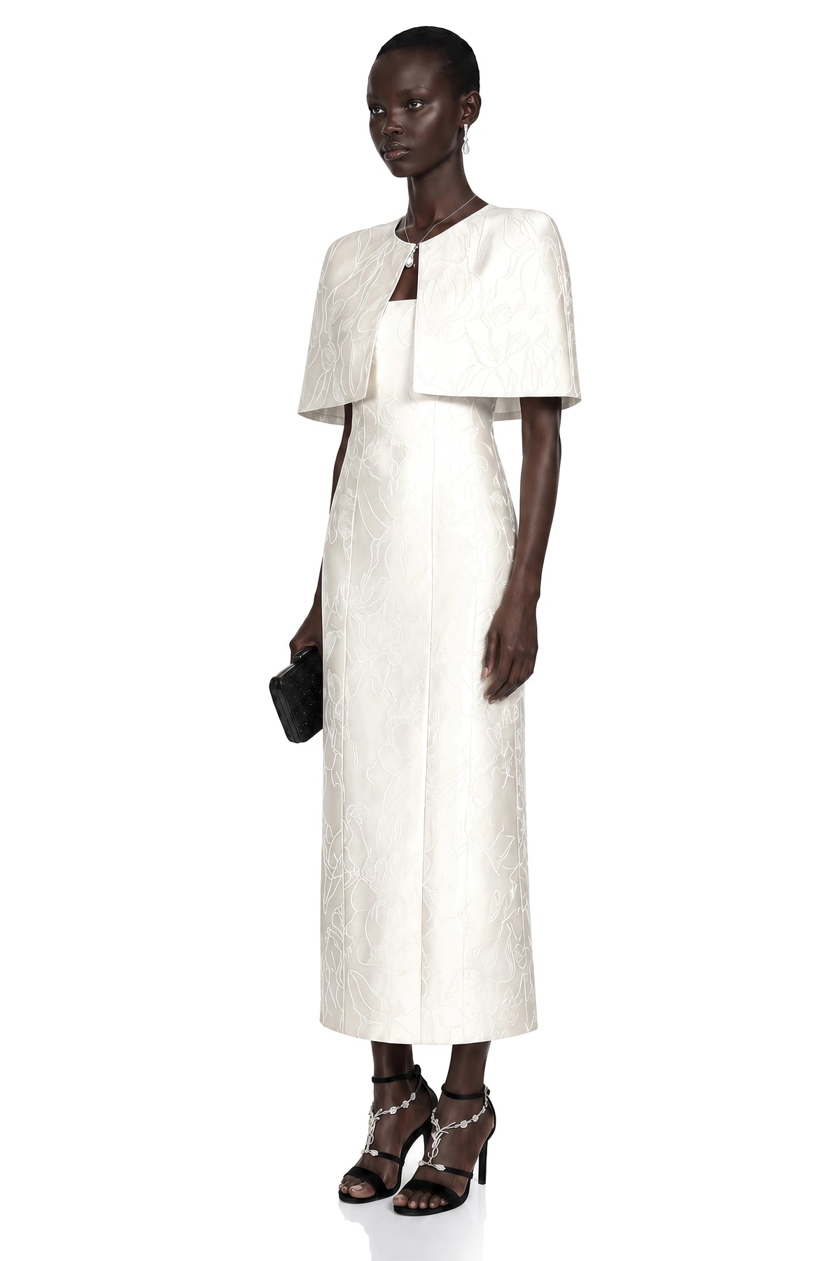 Caterinella Maxi Dress White Satin & Cape Set