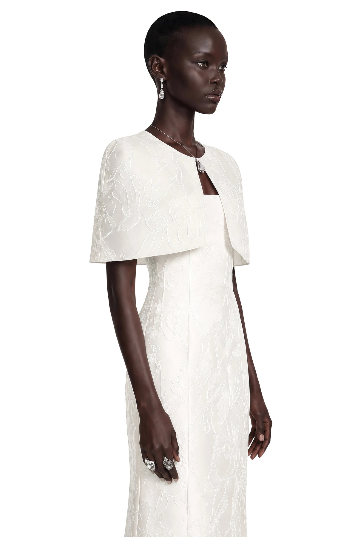 Caterinella Maxi Dress White Satin & Cape Set