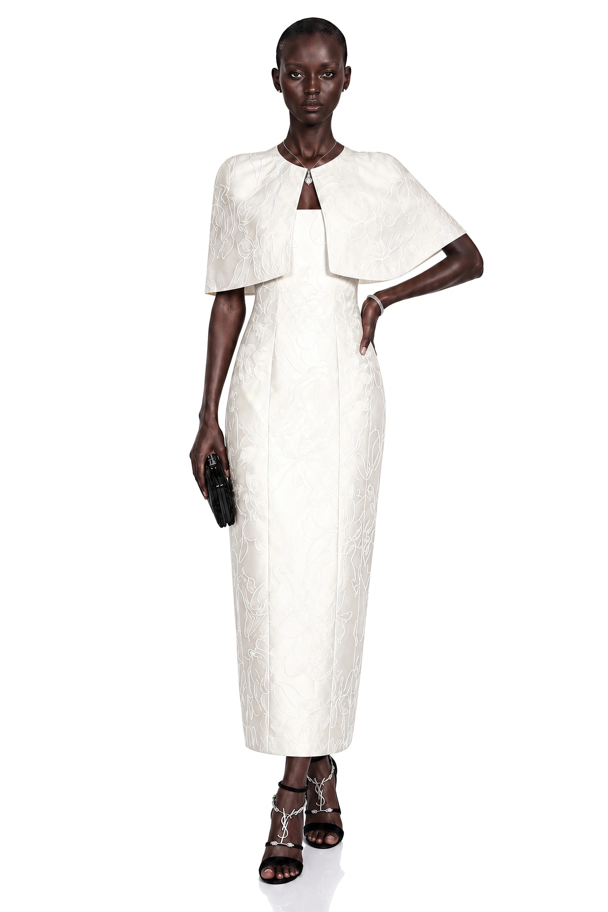 Caterinella Maxi Dress White Satin & Cape Set