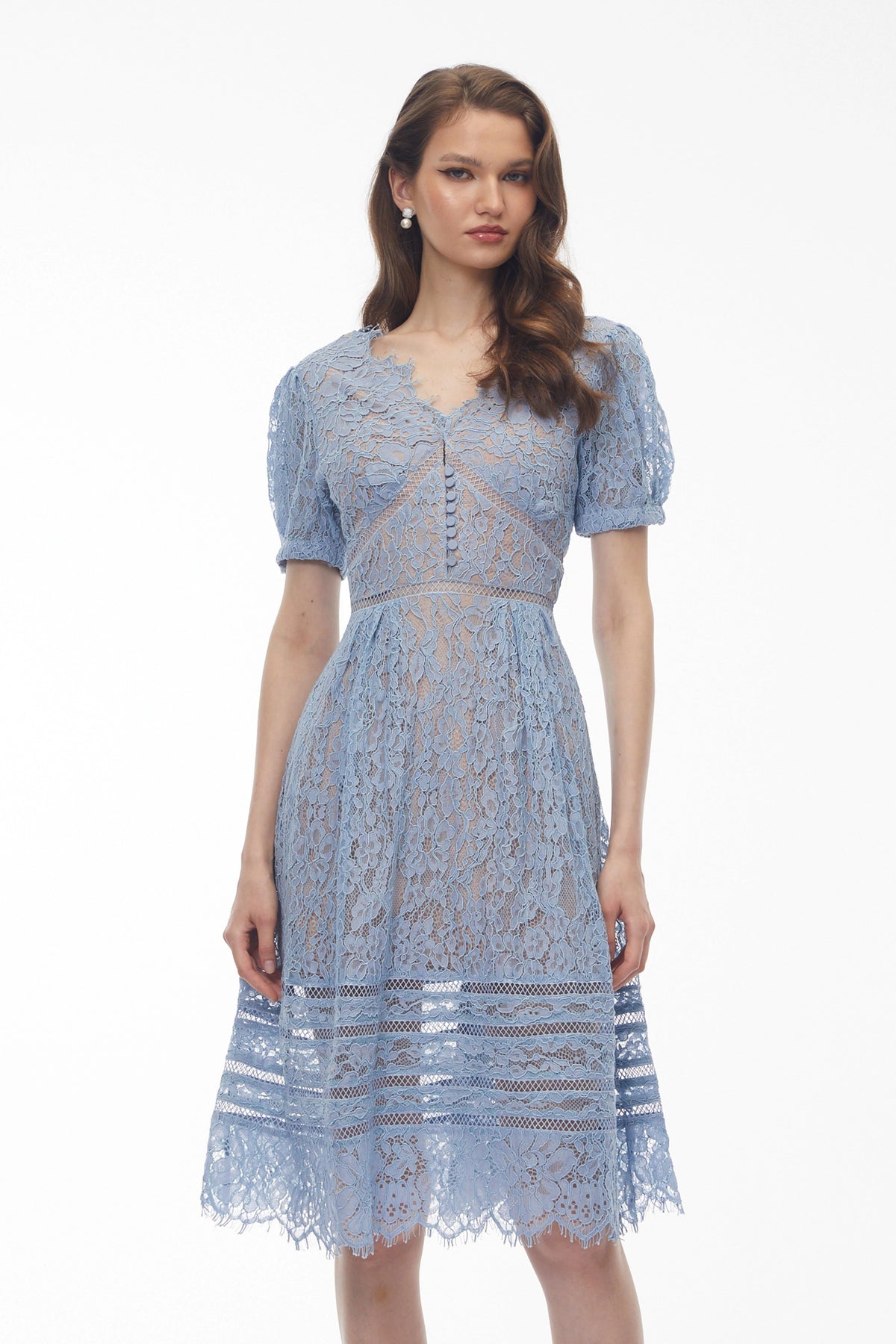 Cornflower blue floral lace midi wedding guest dress