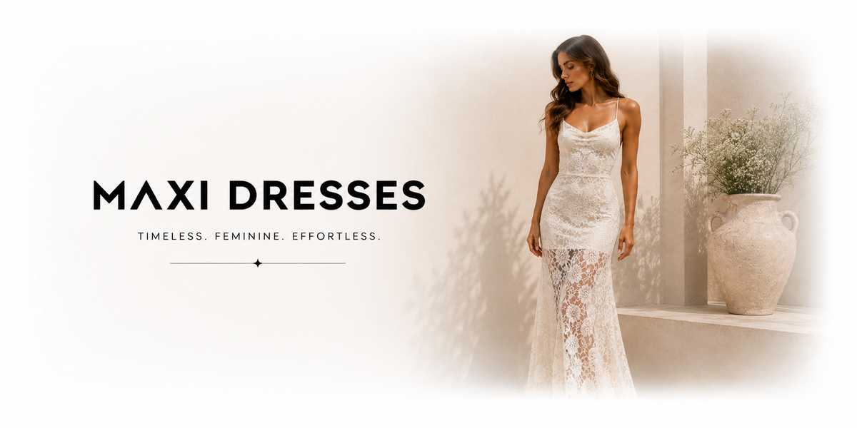 A woman modeling a white lace maxi dress in a softly lit indoor setting, with large text on the left reading 'MAXI DRESSES' and smaller tagline text below.