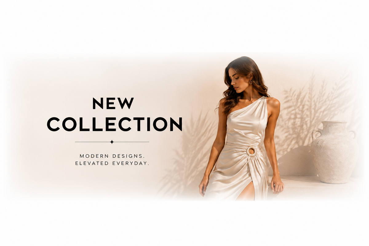 A woman wearing a draped one-shoulder white dress stands against a soft beige background with decorative shadows and a vase. Large text on the left reads 'NEW COLLECTION' with smaller text below reading 'MODERN DESIGNS.