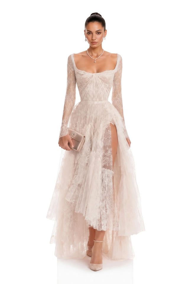 Aalto Neutral Lace Ruffled Maxi Dress with Slit