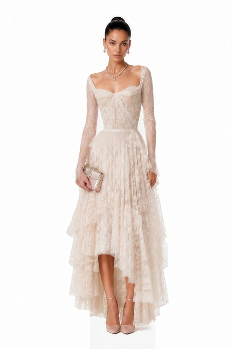 Aalto Neutral Lace Ruffled Maxi Dress with Slit