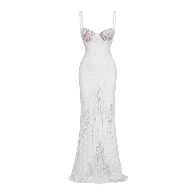 Abbie White Floral Lace Bustier Maxi Dress