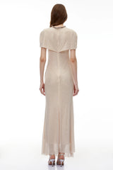 Abigail Champagne Cape Sleeve Rhinestone Maxi Dress