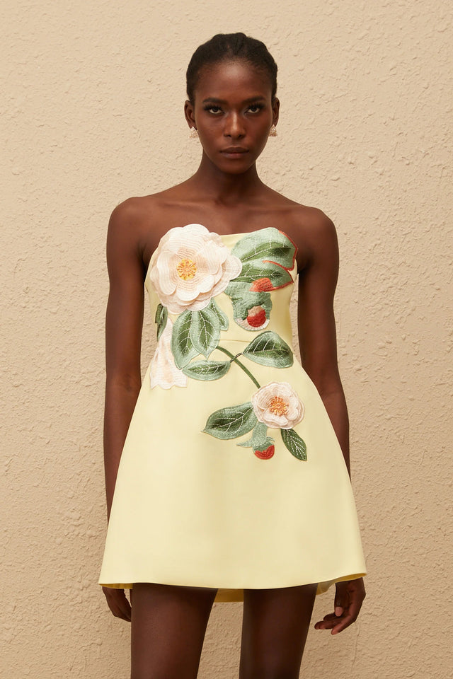 Abigail Yellow Floral Embroidered Mini Dress