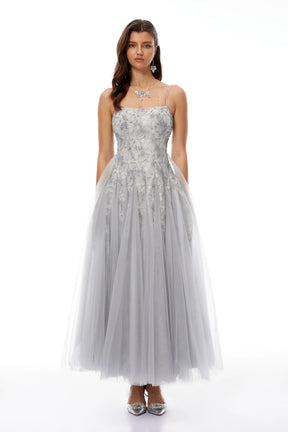 Adalynn Grey Floral Embroidered Tulle Maxi Dress