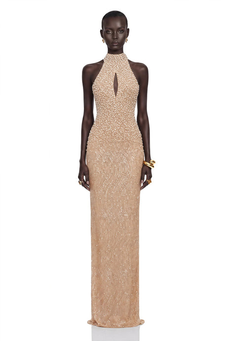 Adél Neutral Halterneck Embellished Maxi Gown