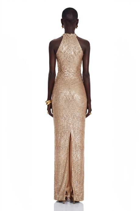 Adél Neutral Halterneck Embellished Maxi Gown
