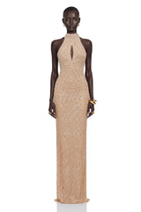 Adél Neutral Halterneck Embellished Maxi Gown