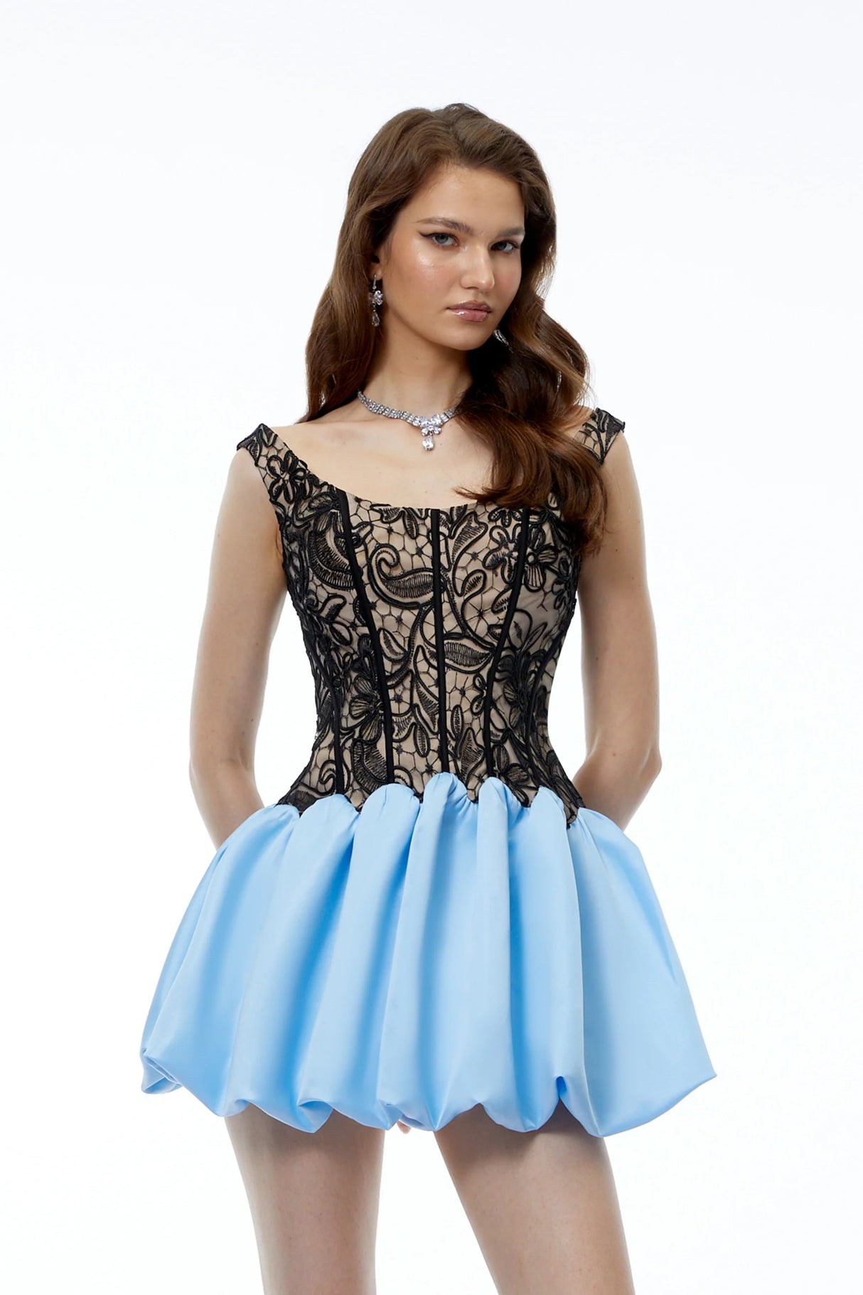 Adélia Blue Color Block Lace Panel Mini Dress
