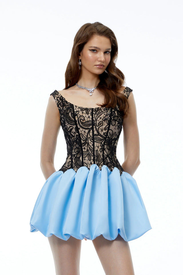 Adélia Blue Color Block Lace Panel Mini Dress