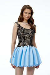 Adélia Blue Color Block Lace Panel Mini Dress