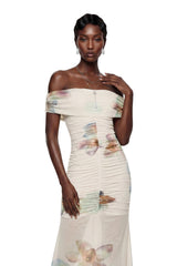 Adeline White Floral Print Off Shoulder Maxi Dress