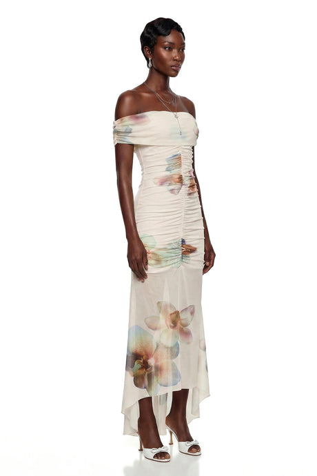 Adeline White Floral Print Off Shoulder Maxi Dress